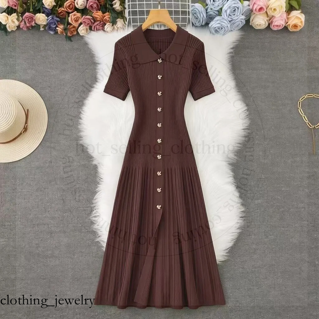 Womens Knit Black Rice Single Chest Knitted Long Skirt Green Elegant Office Short Sleeve Folded Fashion Summer Beach Sandro Dress 630