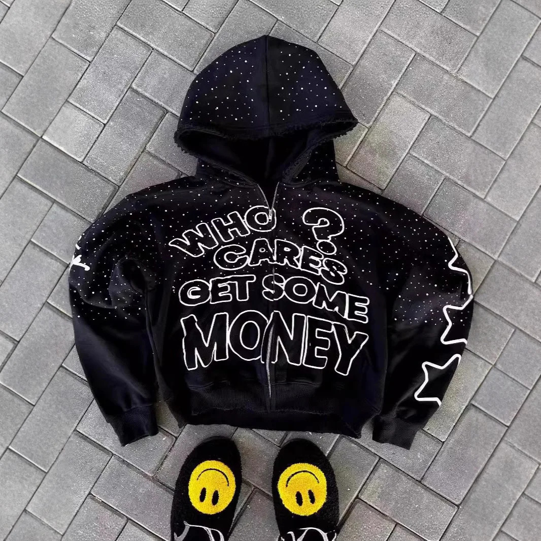 Y2K Trendy American Letter Pattern Loose Casual Hooded Zipper Retro Hoodie Fashionable Jacket 260731