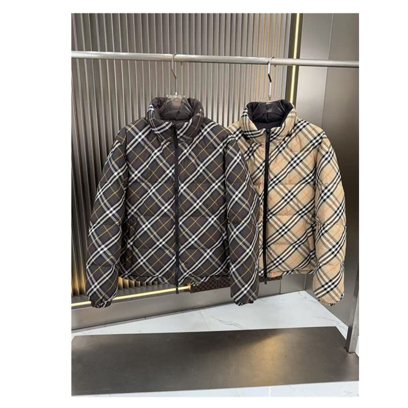 Multi-color diagonal printing men's down jacket double-sided double-wearing twill plaid nylon double zipper structure left sleeve letter outdoo