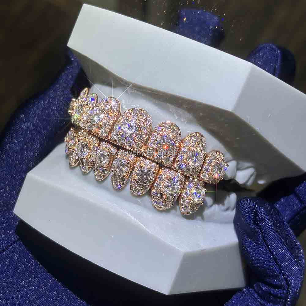 Custom Top Bottom 10 8 6 S925 Silver 10K 14K 18K Rose Solid Gold Plated VVS Flawless Moissanite Lab Diamond Teeth Grillz for Men