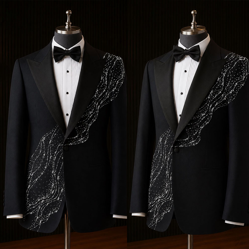Stylish Crystals 2 Pieces Peaked Lapel One Button Prom Wedding Tuxedos Dinner Party Customized Trajes Para Hombre