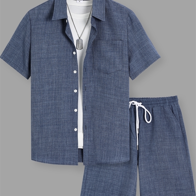 Summer Mens Cotton Linen Texture Lapel Short Sleeve Shirt Shorts Set Loose Comfortable Breathable Daily Casual Two-Piece Outfit 260730