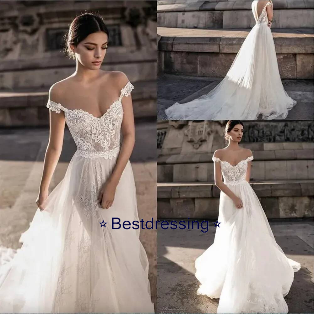 A Line Wedding Sheer Bohemian Dresses 2023 Off Shoulder Lace Applique Romantic Tulle Court Train Backless Bridal Gowns Custom Boho Bd84