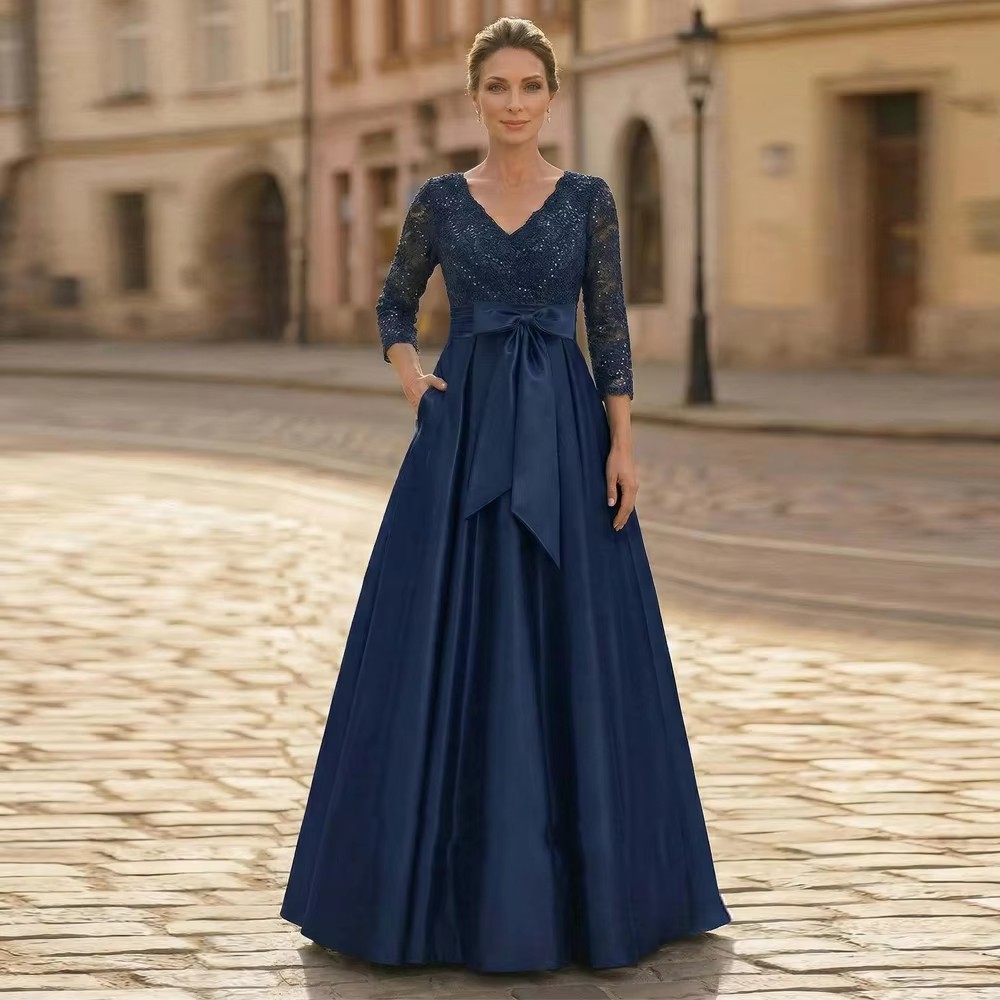 Elegant Navy Blue Mother of The Bride Dress Customzied 3/4 Sleeves V Neck Lace Bow Draped A Line Formal Wedding Guest Gown Party Dresses