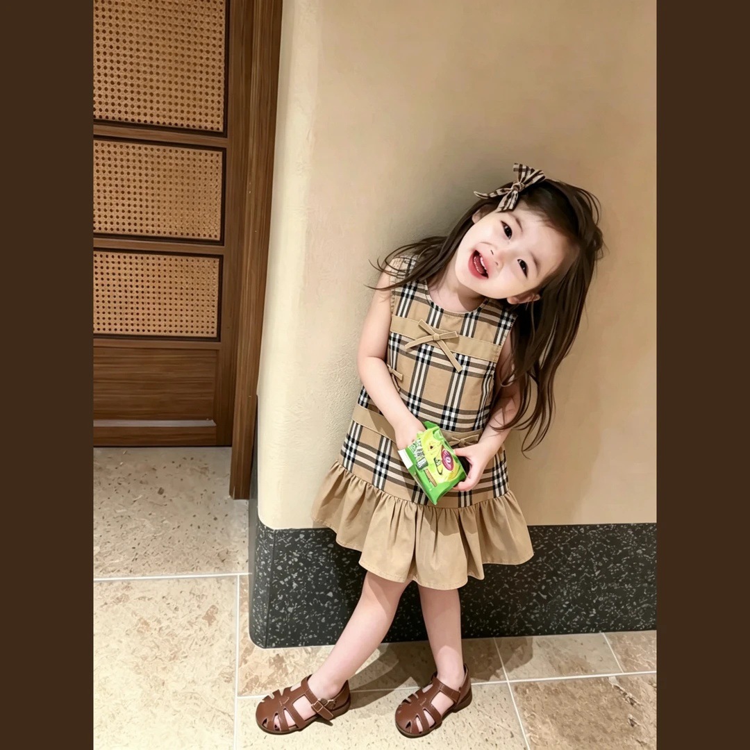 2026 Summer Kids Brown Old Money Collection! Classic Plaid Princess Dress for Little Girls with Bow Preppy Style