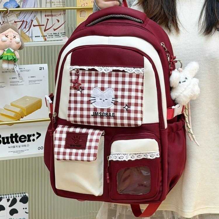 Korean-style cartoon plaid cat backpack for women sweet lace bag large-capacity student schoolbag L26720