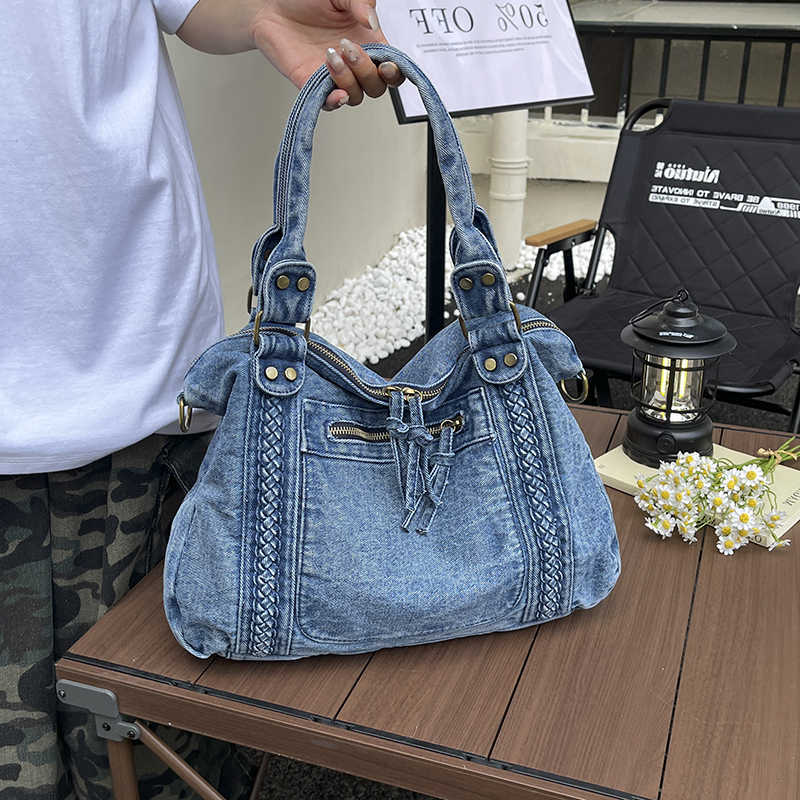 Washed Vintage Fashion Denim Women's Tote Bag with Braided Trim and Front Pocket Large Capacity Casual Shoulder Purse for Travel H260805
