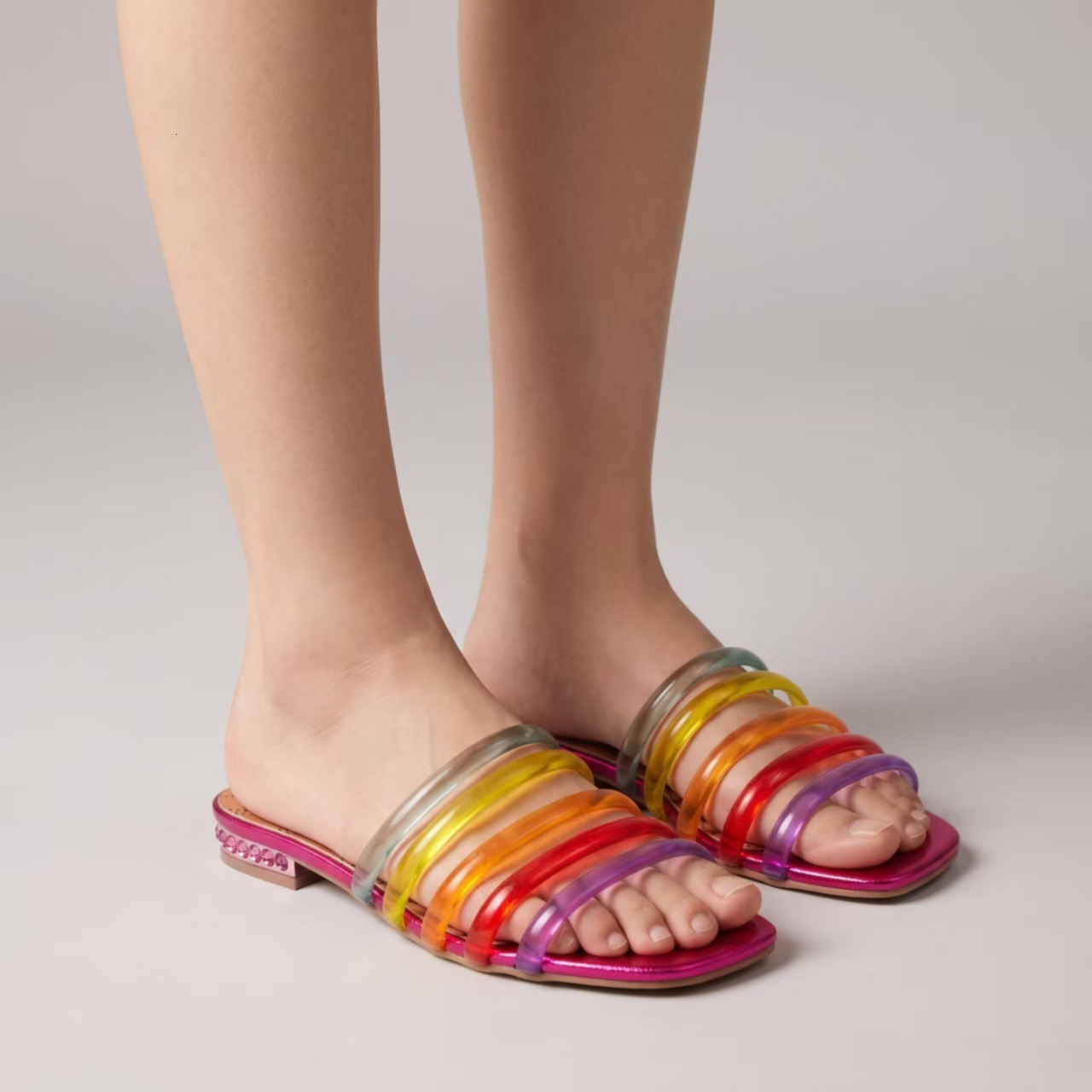 European And American Plus Size Summer New Foreign Shoes Colorful Strappy Slip On Open Toe High Heel Women S Sandals