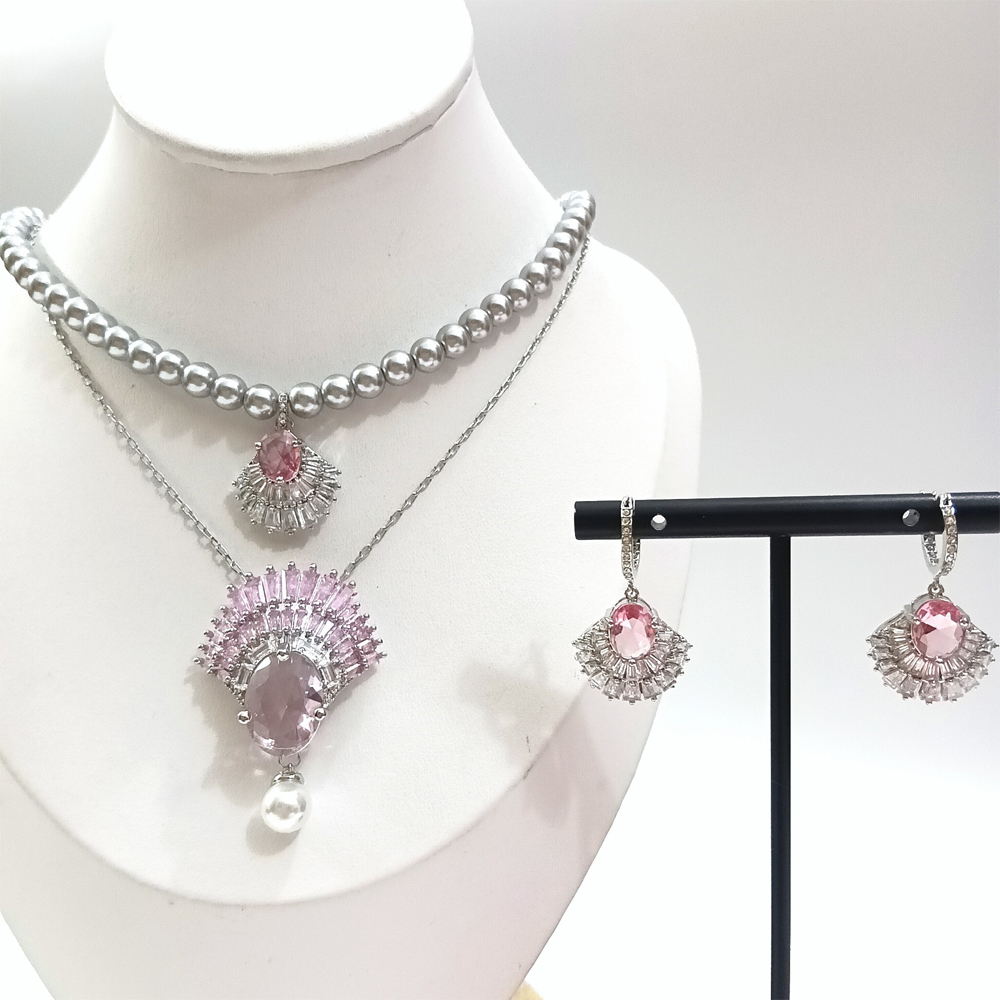 Pink diamond fan-shaped pearl jewelry, double-layer layered gray pearl necklace, earrings