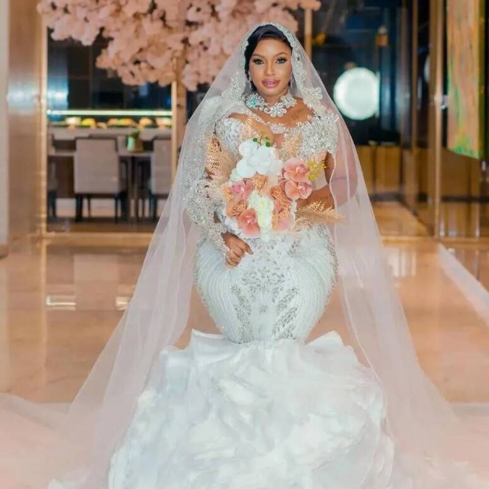 Arabic Aso Ebi White Mermaid Wedding Dresses with Detachable Train gillter Beaded Crystals illusion long sleeve Bridal Gowns sunny