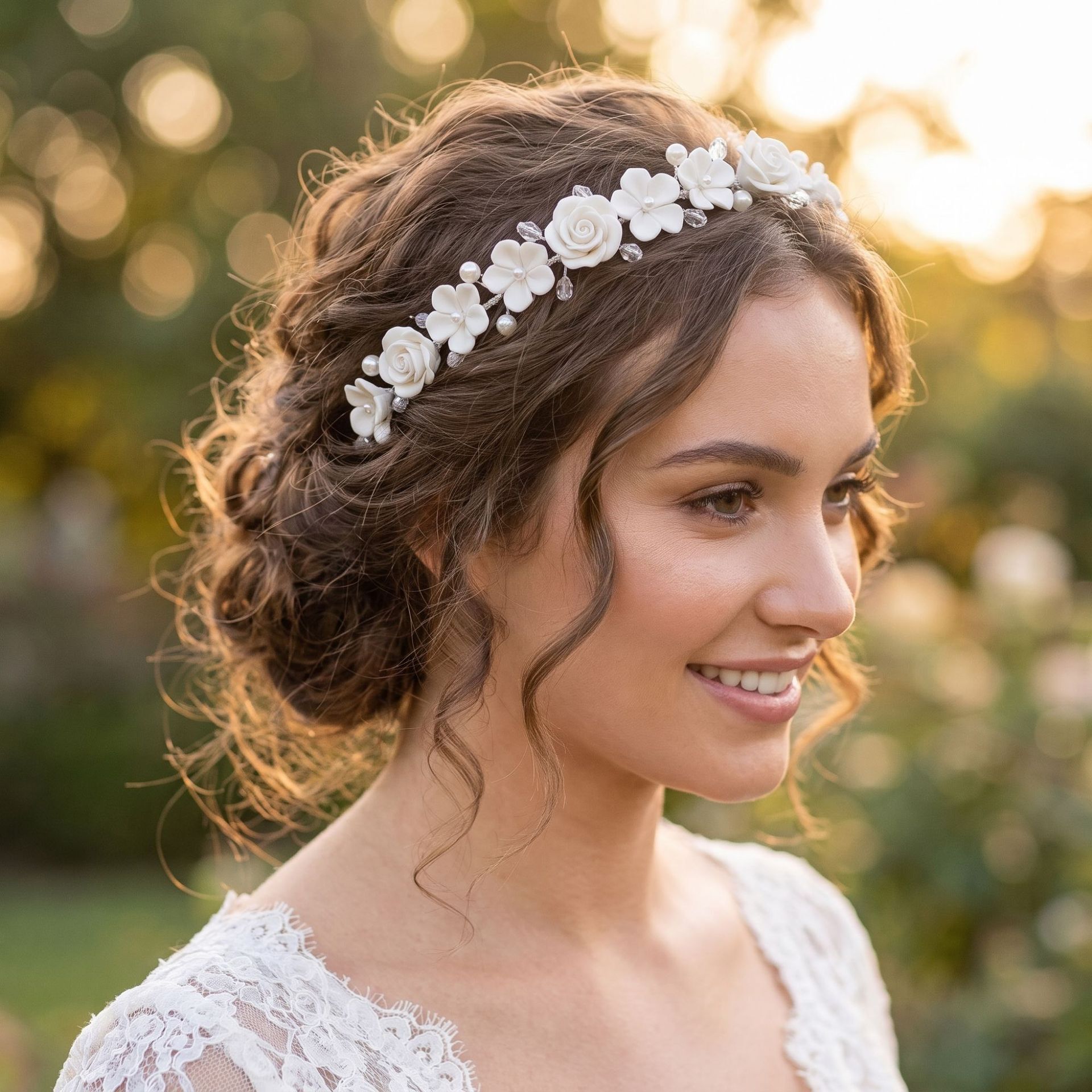 bridal headpiece with soft clay white flowers pearls, headband for weddings banquets, sweet and versatile birthday hair accessory