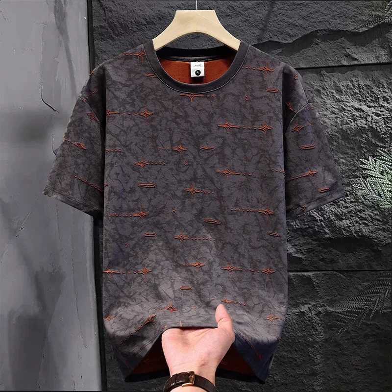 Round Mens Neck Short Sved T-shirt with Holes Casual Loose Fashionable Trendy Tie Dye Thin Summer New Style D260805