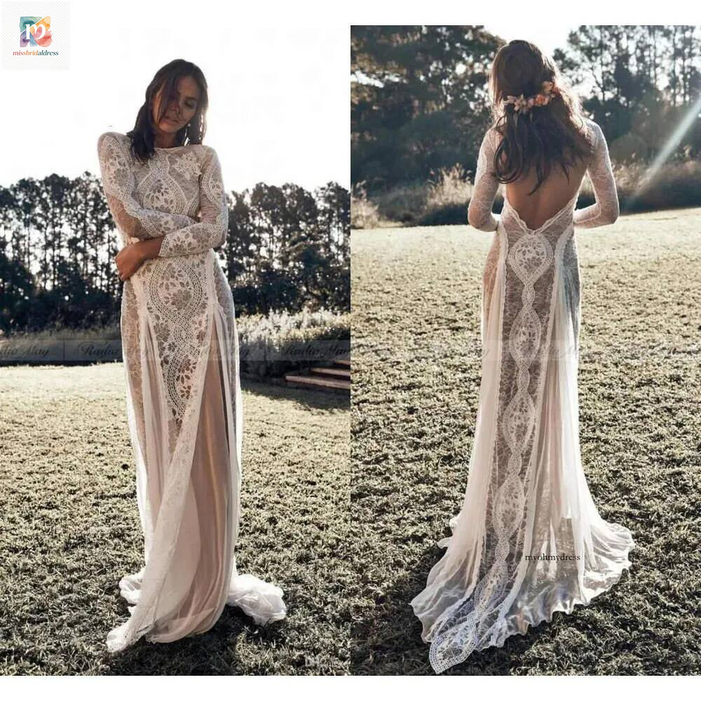 2021 Vintage Lace Boho Beach Dresses Long Sleeve Applique Backless Country Style Bohemian Wedding Dress Bridal Gowns Hippie Gypsy Vestido 0509 Mb84