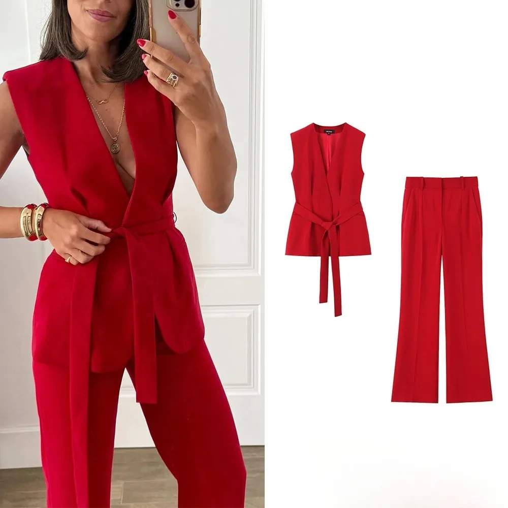 KONDALA Office Lady Chic Red Vest Blazer Suit V Neck Sashes Sleeveless Blazer High Waist Wide Leg Pants Fashion 2025 Summer Sets 260805