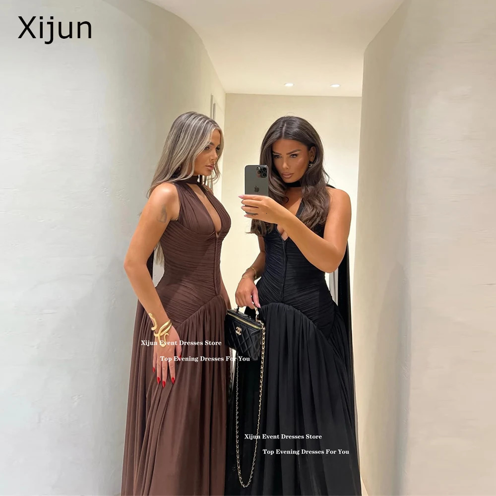 Xijun Modern Chiffon Long Evening Dresses Halter Sleeveless A-Line Prom Dresses V-Neck Formal Occasion Prom Gowns Customized 260731