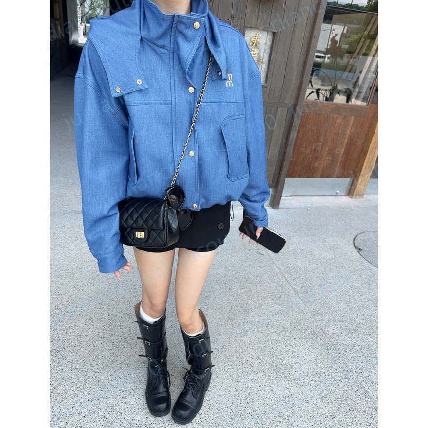miusLogo Womens Jacket Denim Hooded Oversized Loose Crop Short Jacket Stand Collar Vintage Windproof Brand Embroidery Fashion Outwear Coat D805