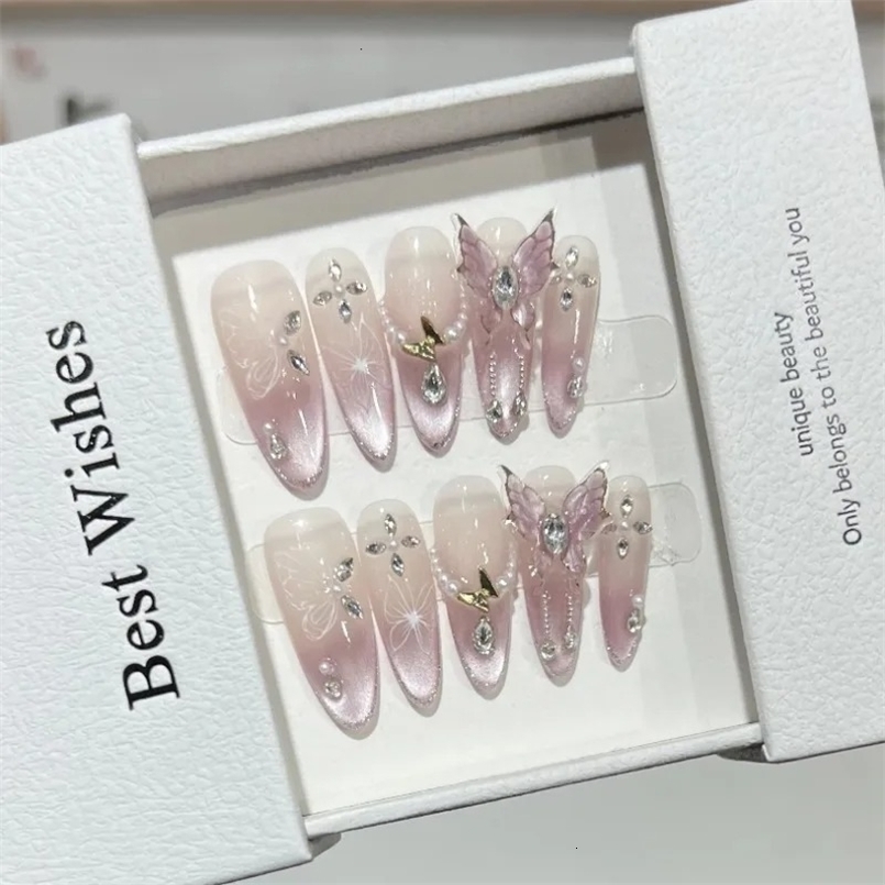 10pcs Pink Cat Eye False Nails 3D Butterfly Fake Diamond Pearl Press on Gradient French Glue Nail Almond Art 260728