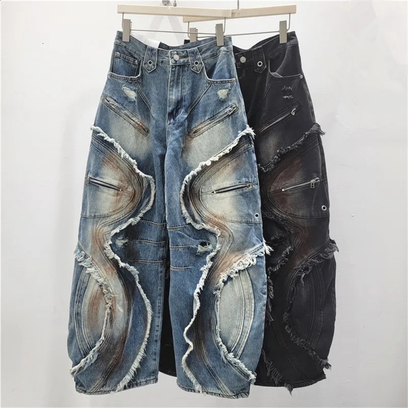Ruched Patchwork Lace-up Cargo Pants Jeans American Style Womens Vintage Washed Curved Mud-dyed Scimitar Long Pants 260609BJ