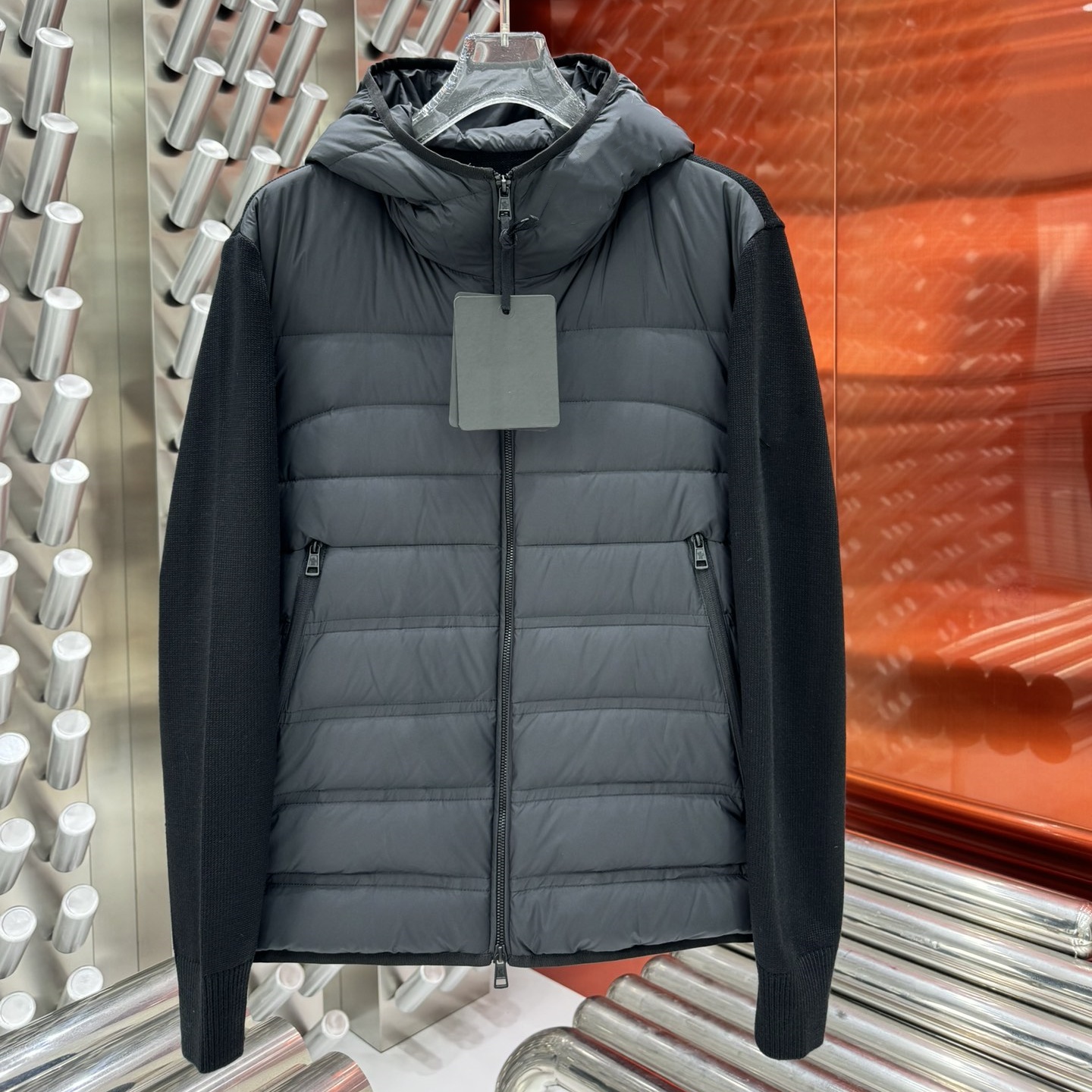 Men Black Sweater Coat Zip Up Wool Down Filled Front Quilted Stand Collar