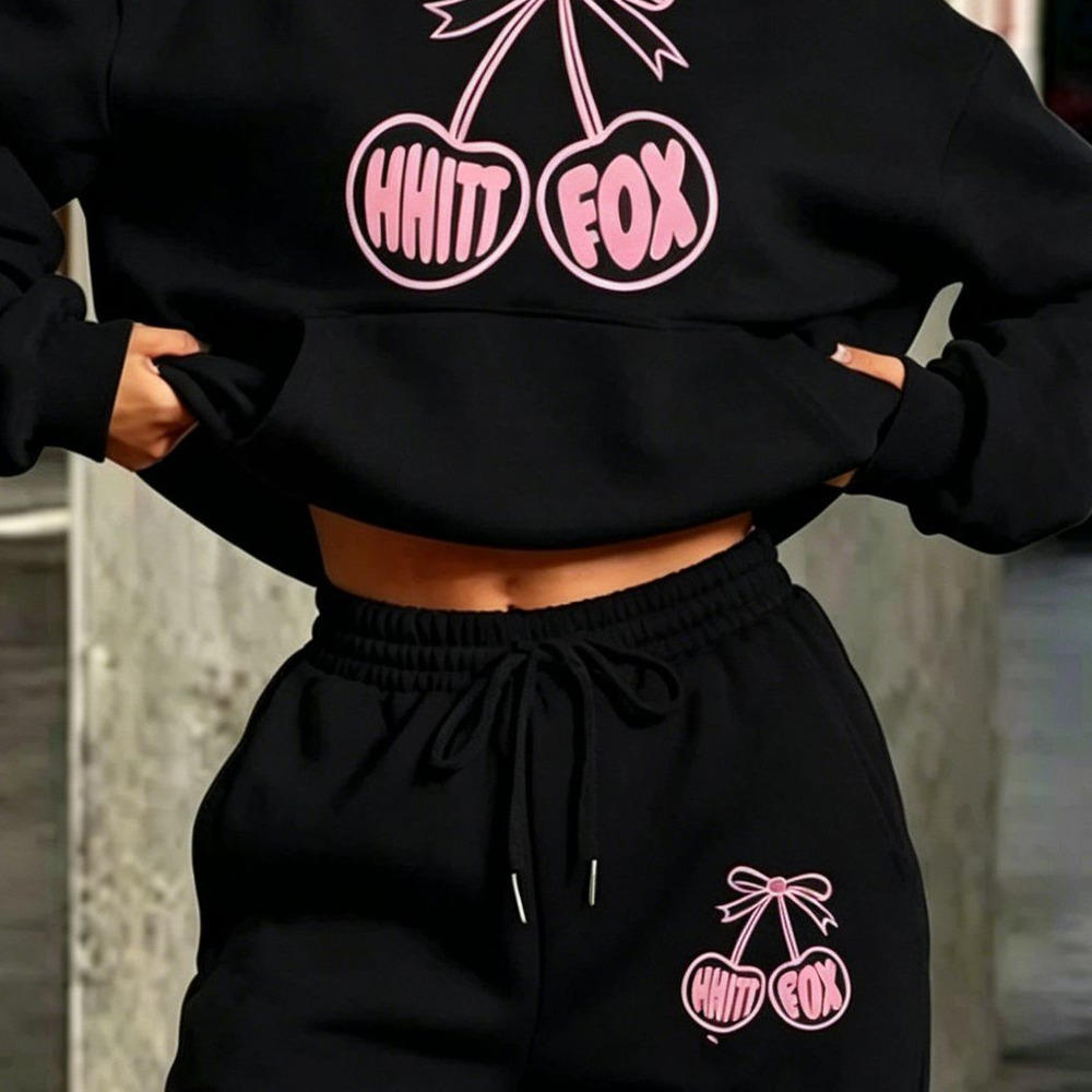 Popular European American Foreign Trade Set Cherry Letter Print Fleece-Lined Sweatpants And Hoodie Set, Casual Women's Clothing