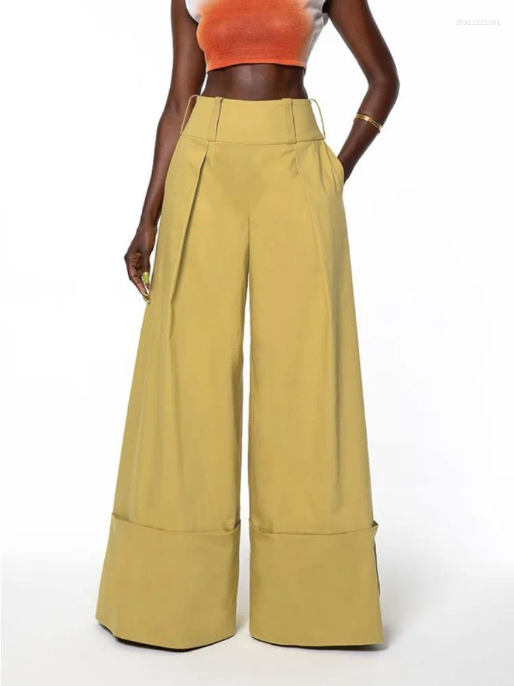 Women's Pants Solid Color High-Waisted Cuffed Wide Leg 2026 Summer Fashion Loose Fit Vacation Trousers Casual Full Length