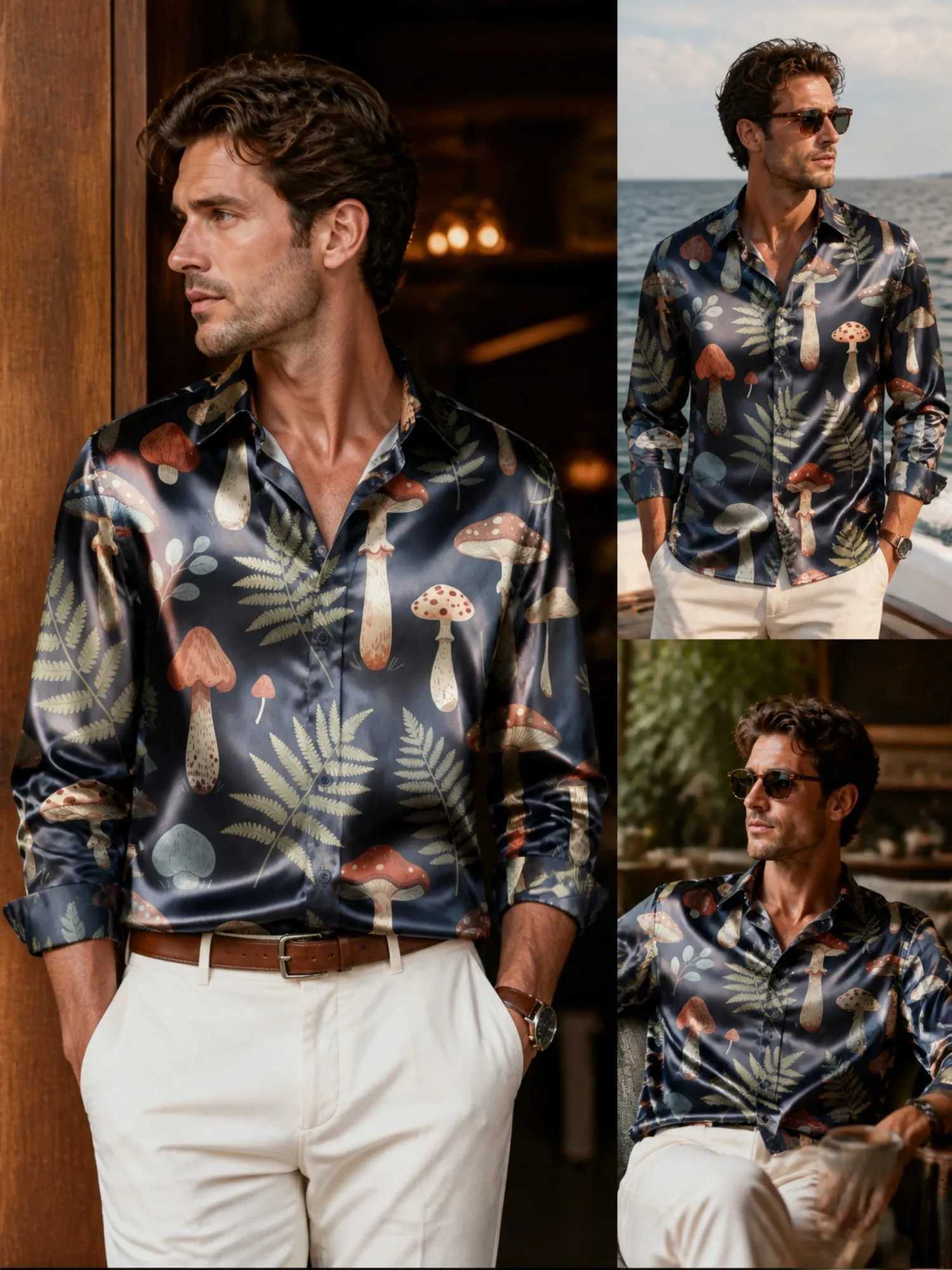 Mens Satin Long Sleeve Button Down Printed Dress Shirt Modern Smooth Fabric Daily For Work Office Commute Business Everyday Wear Z260805