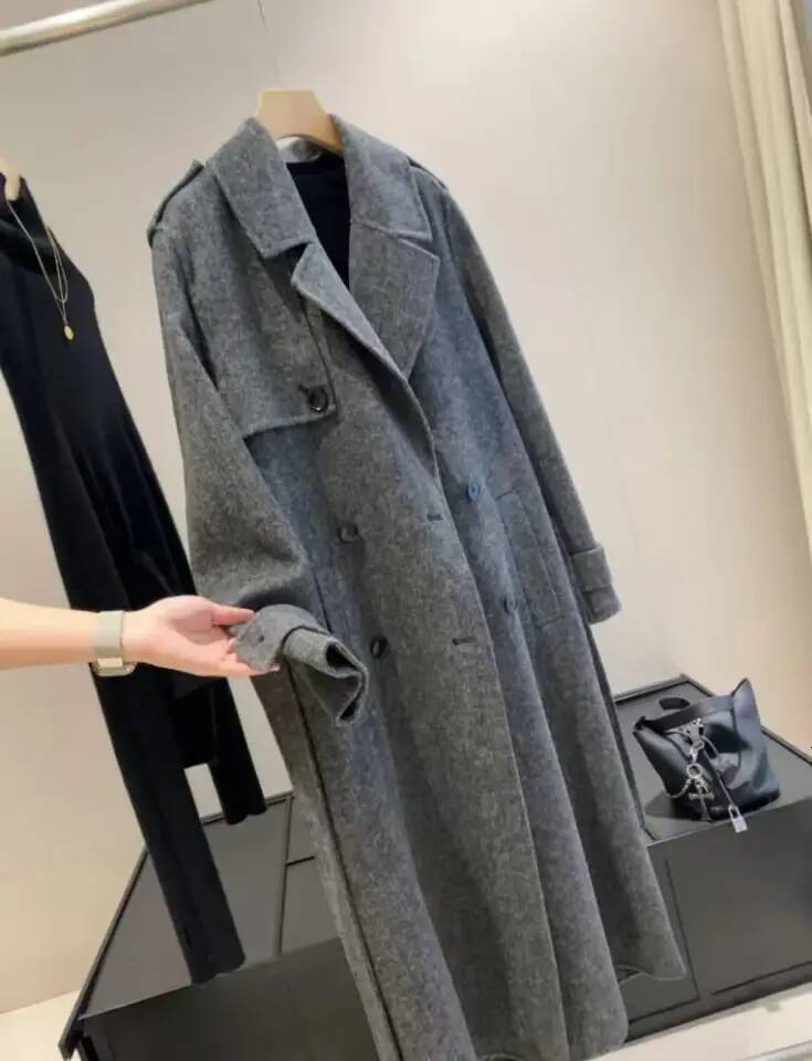 Original Grey 2026 Designer Fashion Women's New Style Wool Blend With Belt, Double-Sided Fleece Long Woolen Coat