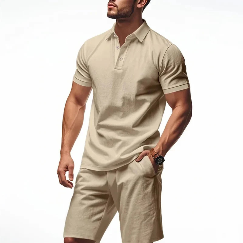 Casual Linen Men's Polo Shirt Short Sleeve Beach Shorts Set Turn-down Collar Summer Style Men's Fashion Clothing Set 260805