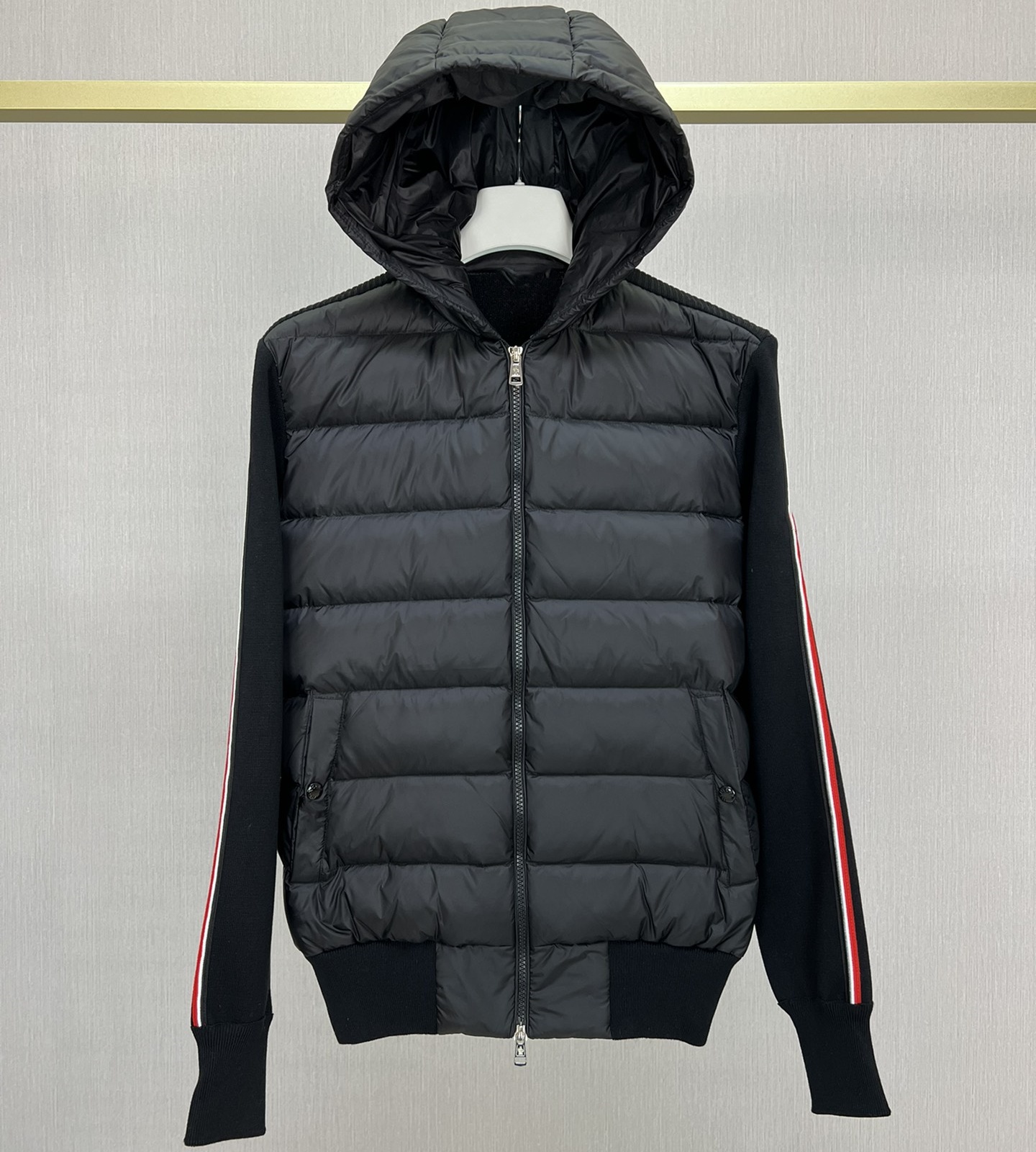 Black Knit Bomber Cardigan Men Wool Blend Down Front Zip Quilted Warm Coat