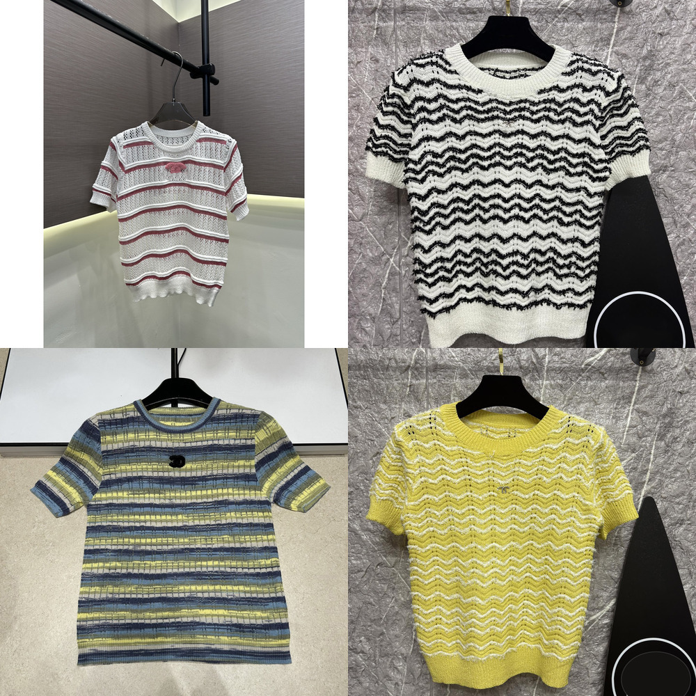 Women's CC Fashion Luxury Designer Crew Neck Logo Sleeveless Pullover, Striped Rainbow Design Knitted Sweater Top T-Shirt Short Sleeve b4 d7 9f