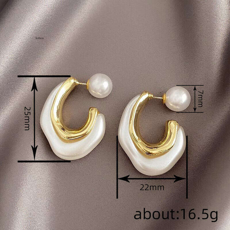 Irregular Metal Painting Oil Earrings for Women Imitation Pearl Ear Studs Niche Design Elegant Korean Style Jewelry