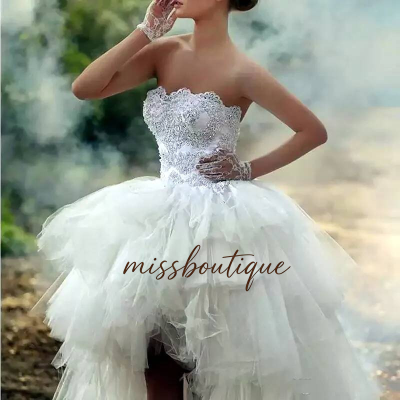 Strapless High Low Wedding Dress Tiered Tulle Puffy A Line Bridal Gowns Appliqued Beaded Lace Up Boho Beach Elopement Dresses Short Front Long Back
