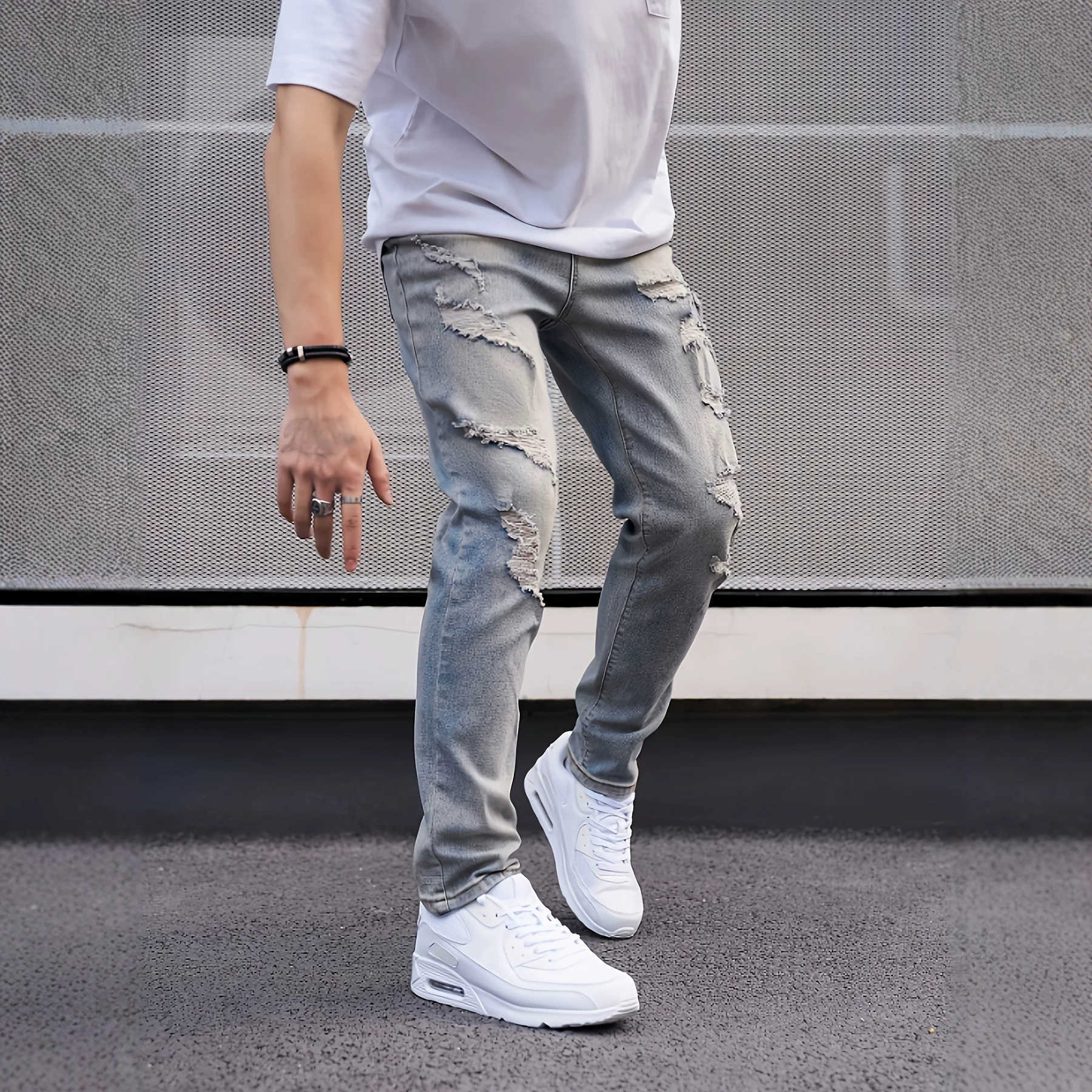 TEMU Men's Jeans Trendy High Street Gradient Washed Ripped Slim Fit Stretch Straight-Leg Pants S2608044K6M