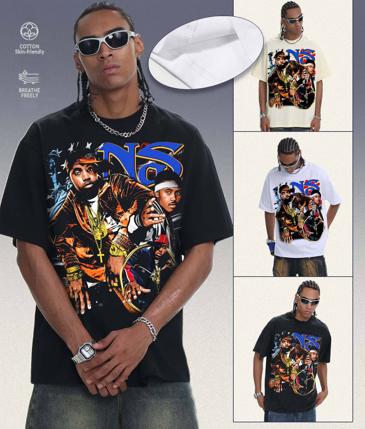2026 washed T-Shirt Summer Nas Pure Cotton for Men, American Retro Round Neck, Drop Shoulder, Heavyweight Short Sleeve Men's T-shirt