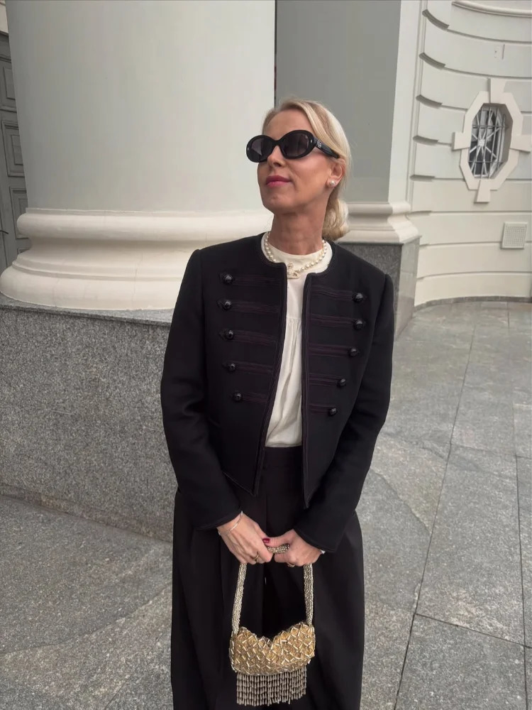 Retro Black Round Neck Napoleon Military Jacket Women Chic Full Sleeve Buttons Cropped Slim Coat 2026 Lady Daily Street Jackets 260731