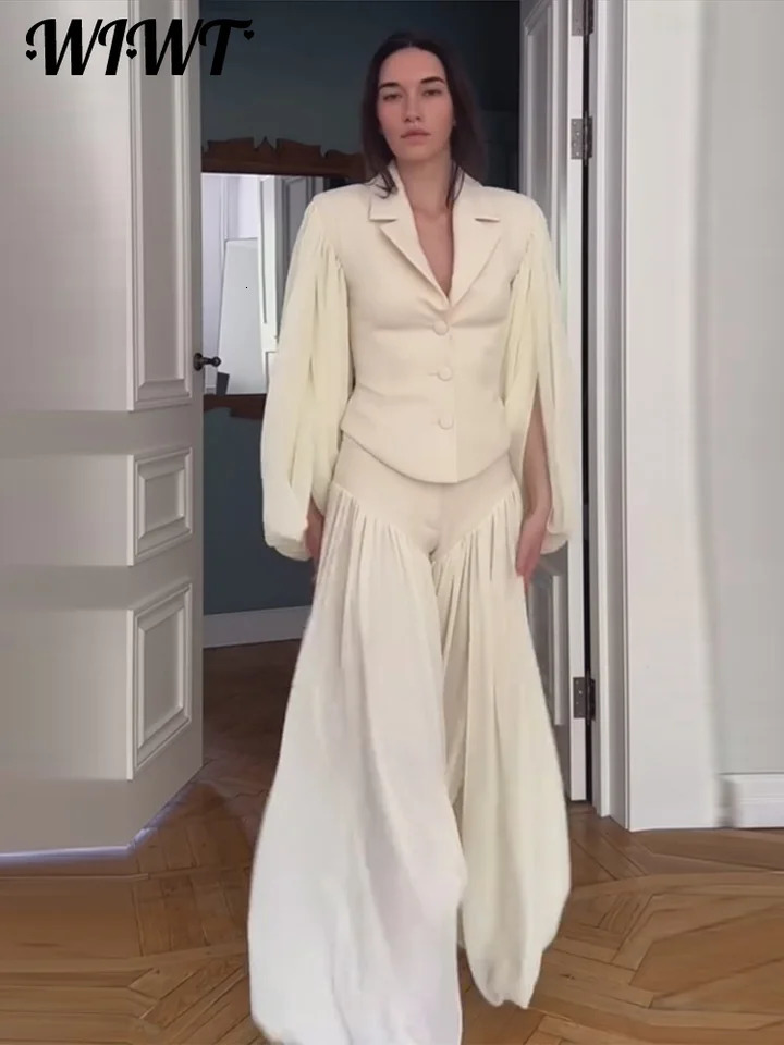 Elegant Patchwork 2-piece Outfit Women's Slim Lapel Single-breasted Lantern Sleeve Blazers Pleated Pants 2026 Lady Pants Set 260805