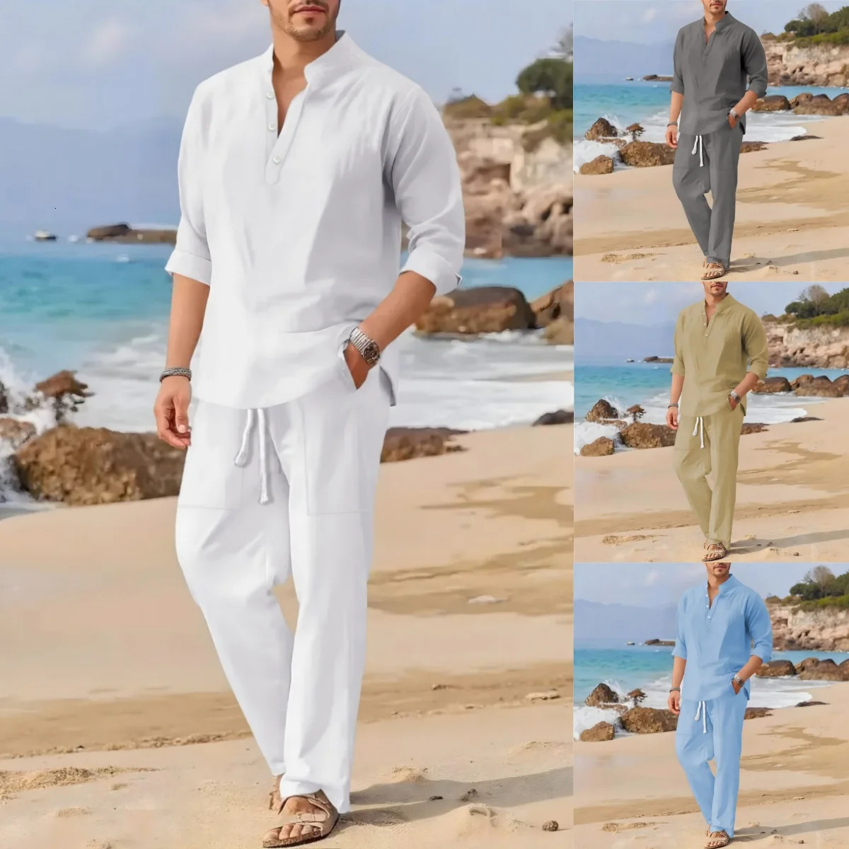 Men's Retro Cotton Linen Stand-Up Collar Long-Sleeved Suit Spring-Autumn Fashionable Loose Pure-Color Two-Piece Set 260805