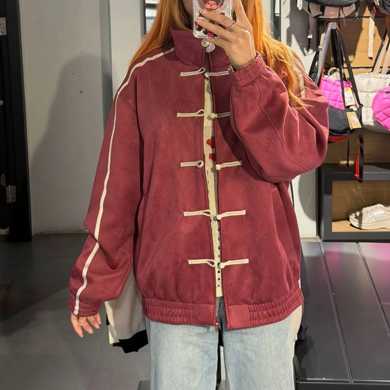 Womens Chinese Frog Button-down Loose Fit Jacket Y2k Vintage Zip Up Sweatshirt Funnel Neck Bomber Jacket Preppy Streetwear 260801