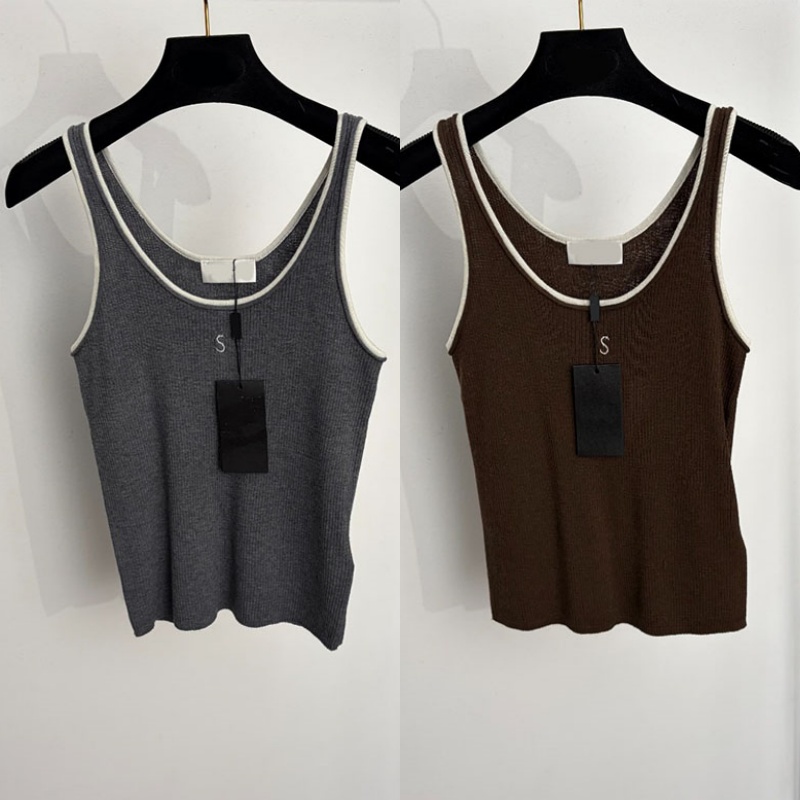 Contrast Trim Knitted Tanks Women Designer Embroidered Slim Fit Knit Vest Tops Summer Casual Versatile Crop Camisoles