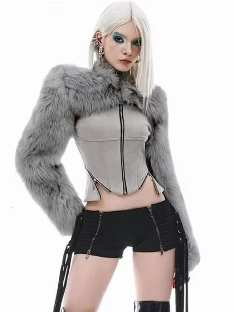 Nibber Stand Collar Jacket Woman Zip Design Plush Patchwork Autumn Winter New Style Full Designer Fashion Sleeve Irregular Street Fashion Coats