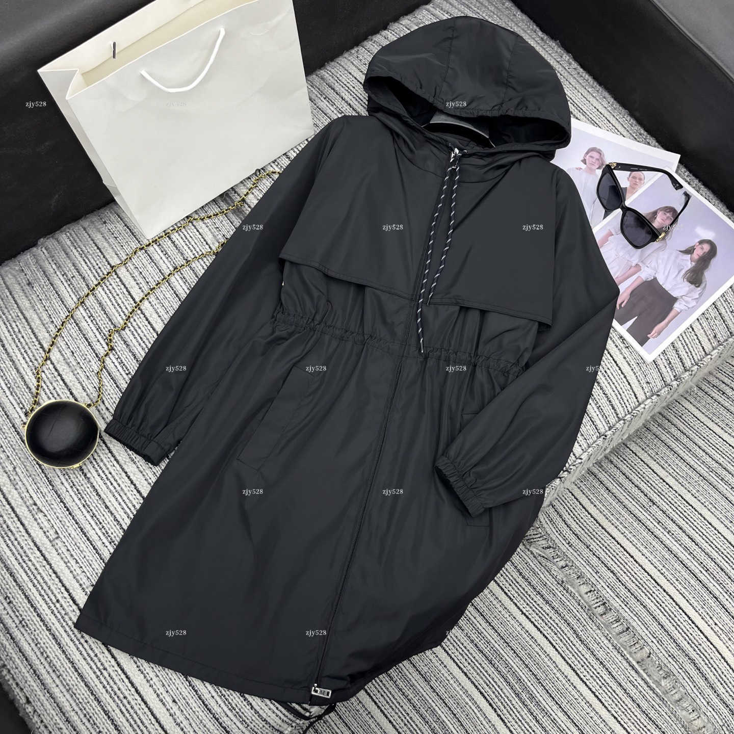 New designer coat Women Mid Length Hooded Windbreaker Drawstring Waist Slim Trench Coat Lightweight Outdoor Casual Jacket A390X08N108