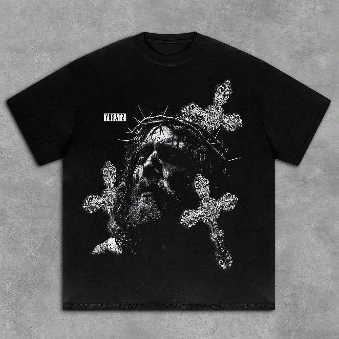 Mens Y2K Oversized Jesus and Cross Pattern T-shirt Summer New Mens and Womens Retro Fashion Cotton Top D260805