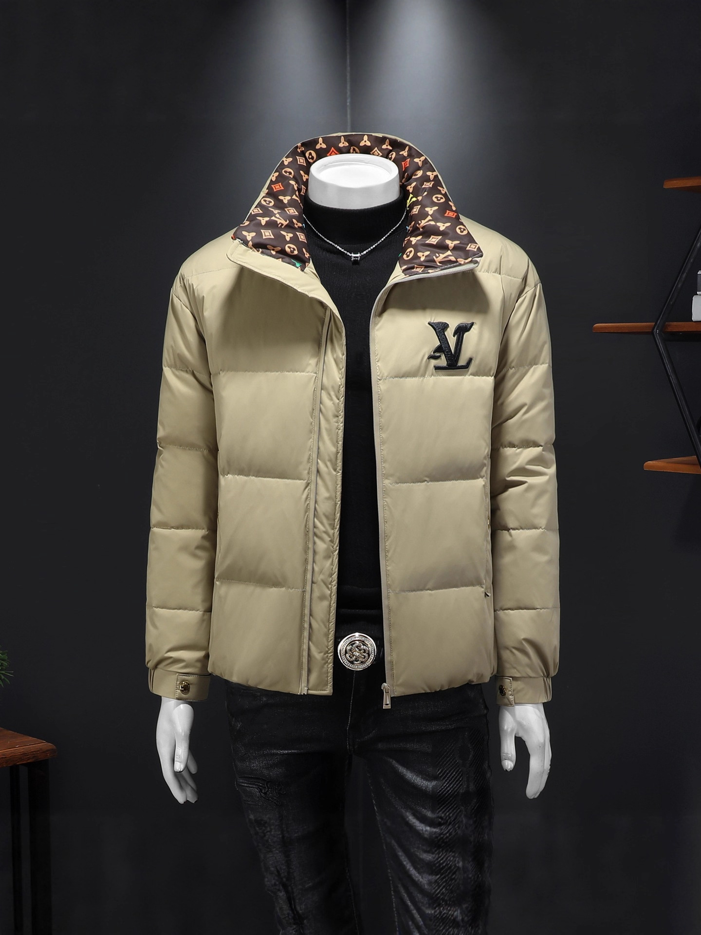 Men's Preppy Duck Down Jacket, Beige European Winter Coat with 90% White Duck Down, Stand-Up Collar, Three-Quarter Sleeves, Detachable Hem, Loose Fi
