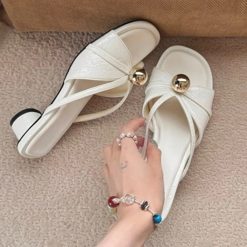 French Summer Style High-heeled Flip-flops for Women with Thick Heels and Open Toes Slip-on Style 260731