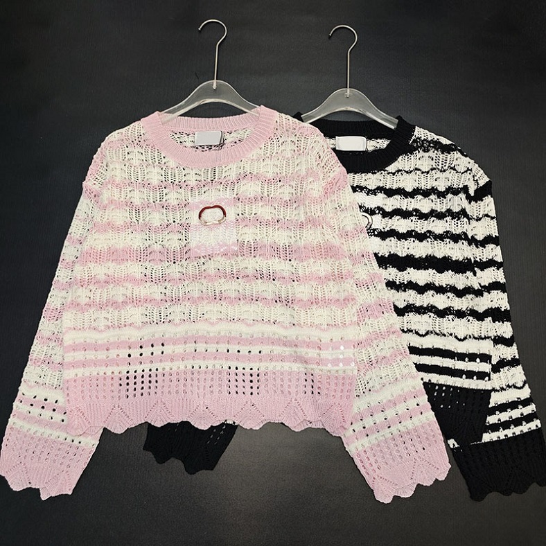 Hollow Out Knit Sweater For Women Designer Striped Oversize Chic Knit Pullovers Autumn Y2K Style Travel Vacation Knit Tees