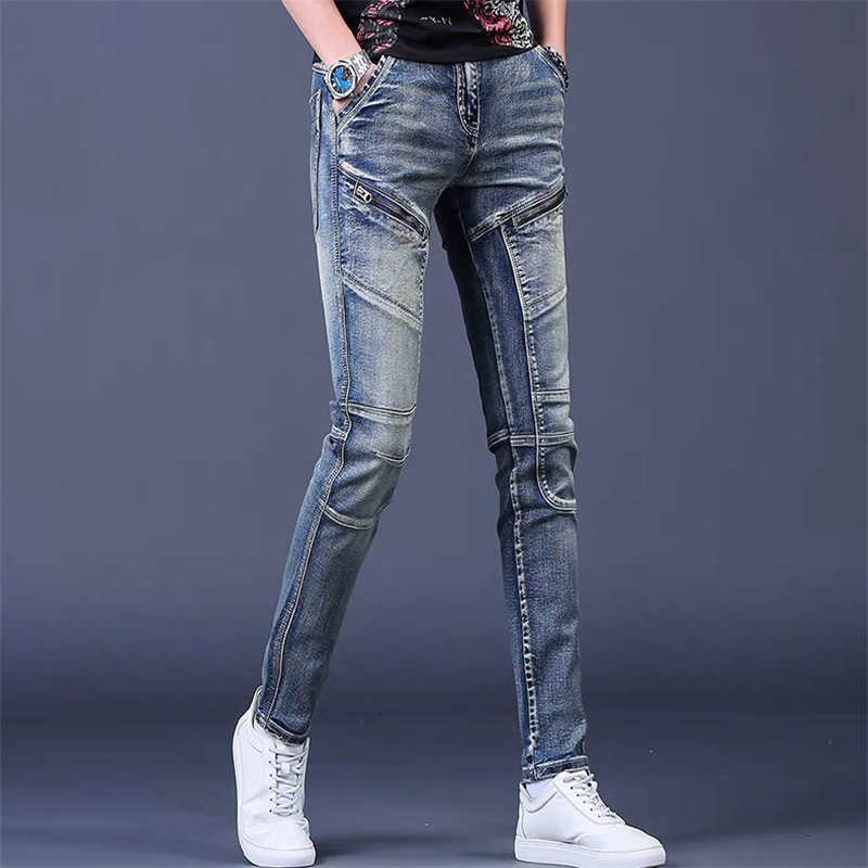 Men's jeans for spring and autumn trendy versatile slim-fit washable long pants biker skinny jeans S260804205J
