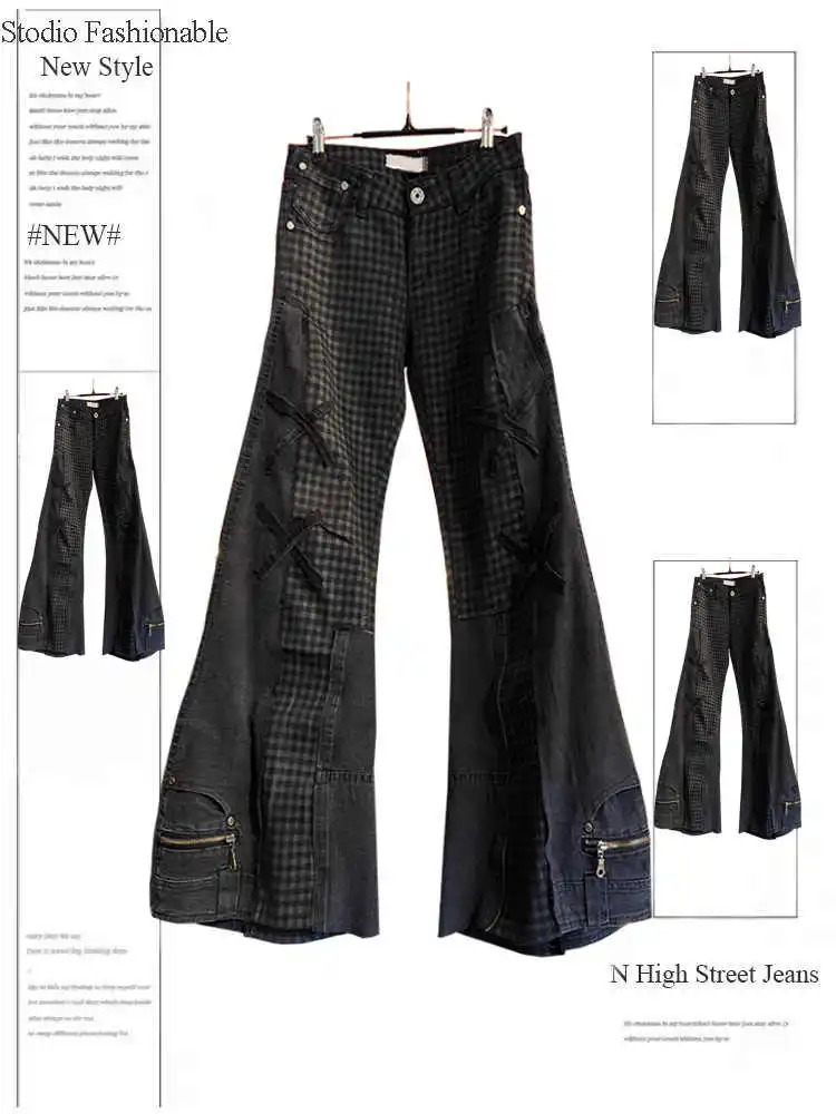 Women Dark Academia Checkered Grunge Cyber Punk Flare Jean Y2k Harajuku Patchwork Cargo Denim Pants Goblin Core Bell-Bottom 260805