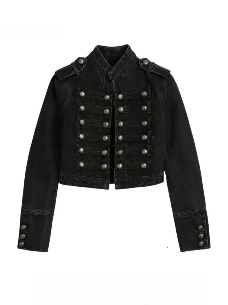 Y2K Retro Hussars Jacket Stand Collar Double Breasted Button Cropped Jacket Napoleon Old Money BLK Denim Jacket Women Boxy Coat 260731