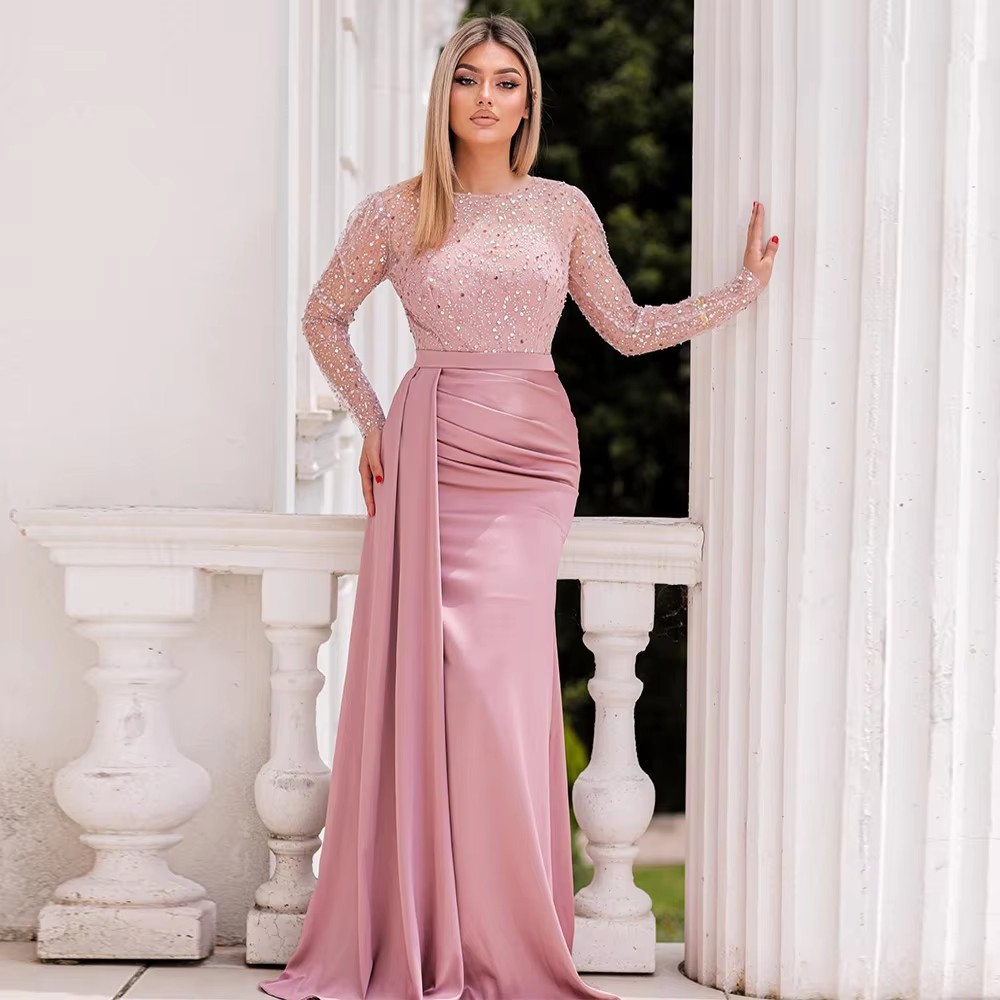 Elegant Pink Evening Formal Dress Round Neck Long Sleeves Beading Sequined Sweep Train Mermaid Prom Pageant Party Gowns Celebrity Robe De Soiree
