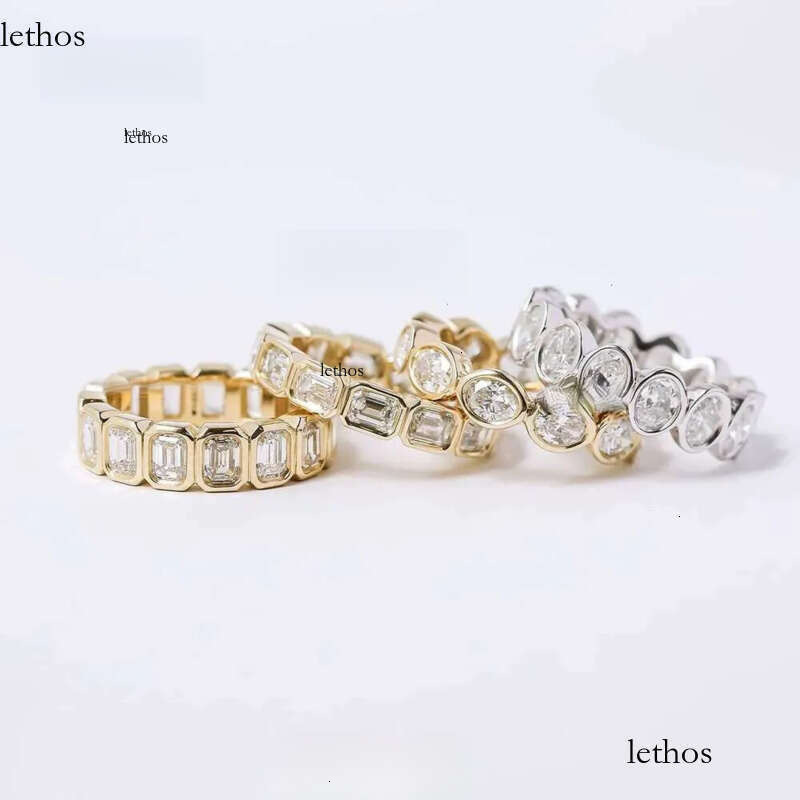 Luster Unique Wedding Eternity Band Sier 14k Gold Bezel Set 3x5mm Emerald Cut Moissanite Oval Ring for Women e2